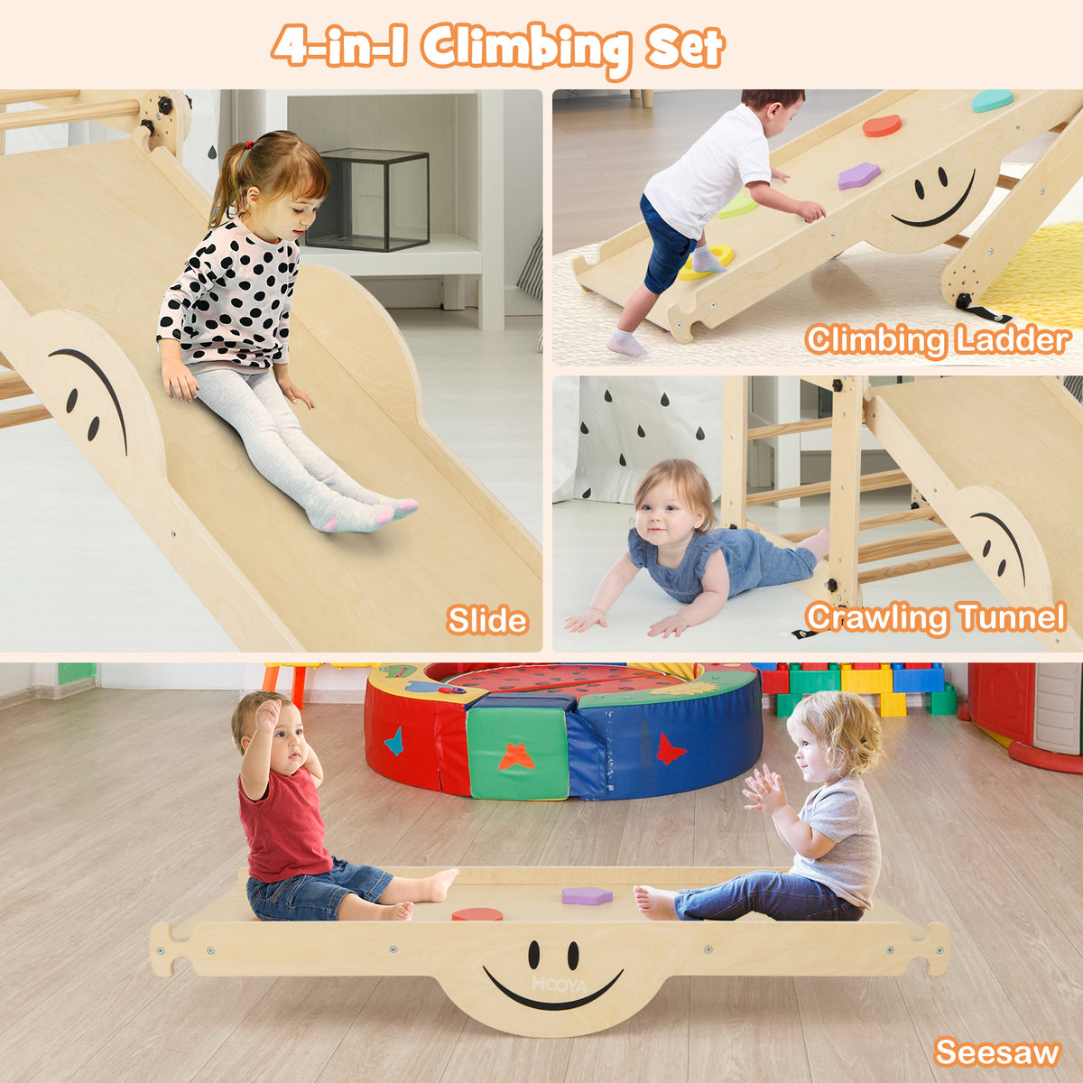 Montessori Climbing Set for Toddlers Foldable with Fun Seesaw-Natural