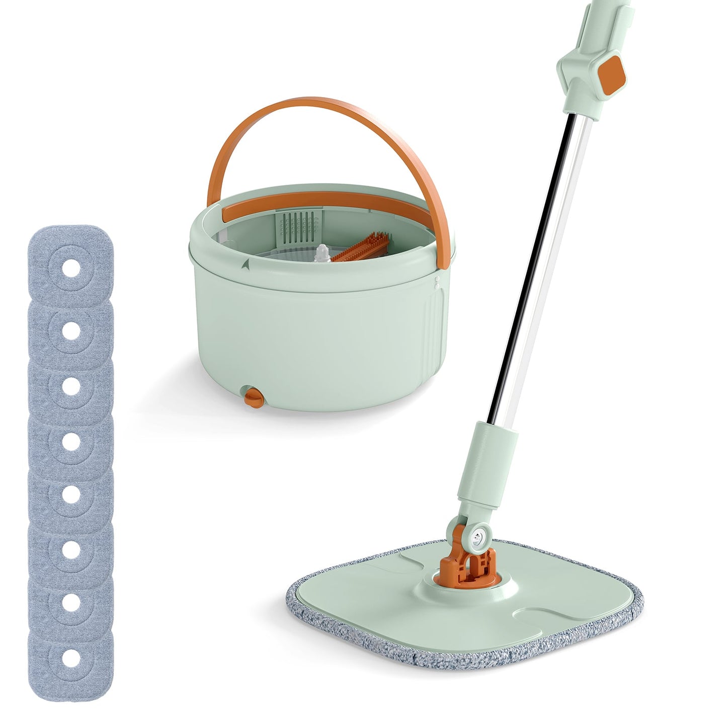 Mop and Bucket Set with Wringer Flat Floor Mop and Bucket System with 2/8 Washable Microfiber Pads-Green