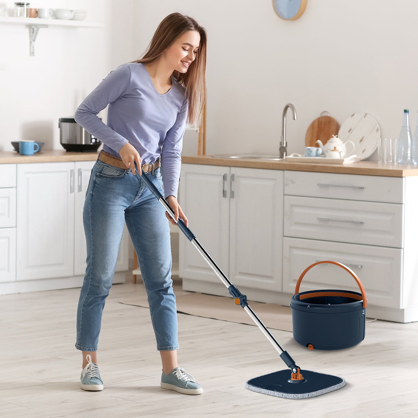 Mop and Bucket Set with Wringer Flat Floor Mop and Bucket System with 2/8 Washable Microfiber Pads-Navy