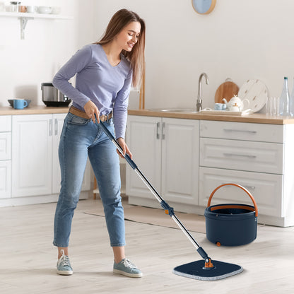 Mop and Bucket Set with Wringer Flat Floor Mop and Bucket System with 2/8 Washable Microfiber Pads-Navy