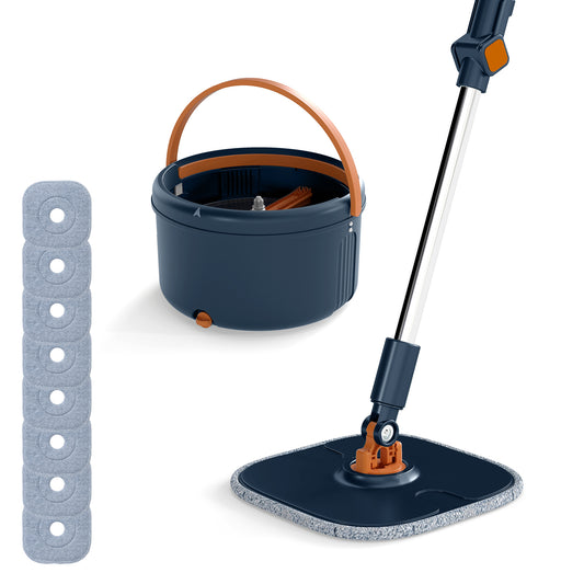 Mop and Bucket Set with Wringer Flat Floor Mop and Bucket System with 2/8 Washable Microfiber Pads-Navy