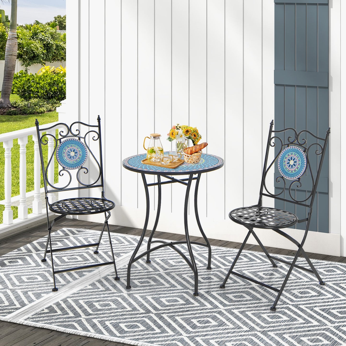 Mosaic Chairs for Patio Set of 2 Metal Folding Chairs with Decorative Backrest