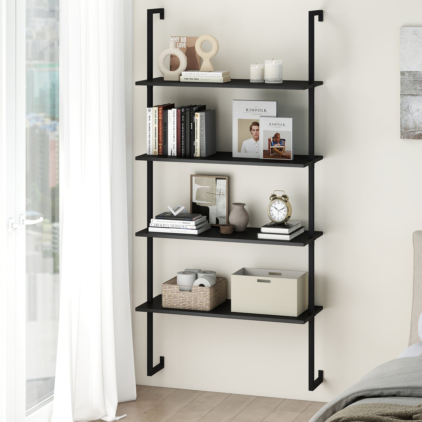 4-Tier Wall-Mounted Bookshelf with Metal Frame for Living Room-Black