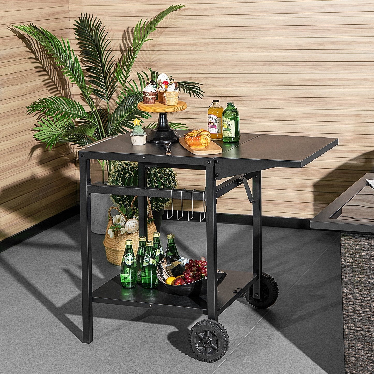 Movable Dining Cart Table Trolley with Folding Tabletop for BBQ Grill-Black