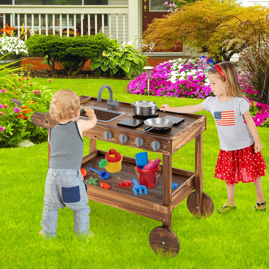 Movable Mud Kitchen with 2 Rolling Wheels and 1 Push Handle-Natural