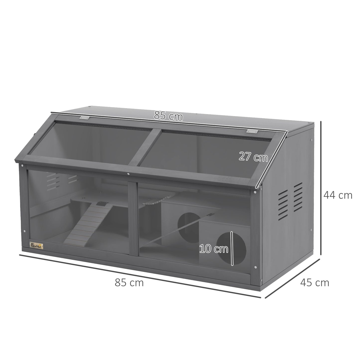 قفص هامستر من PawHut، قفص خشبي صغير للحيوانات للجربوع، فئران مع جسر معلق، سطح قابل للفتح، كوخ، 85 × 45 × 44 سم - رمادي