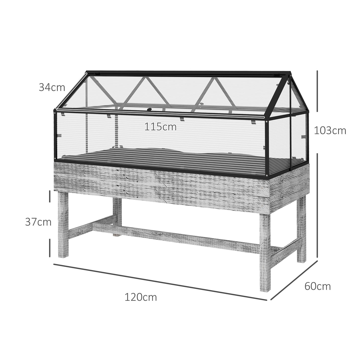 Outsunny Elevated Wood Planter with Mini Greenhouse Raised Garden Bed with PC Panel Top Vent 120 x 60 x 103cm Distressed Grey