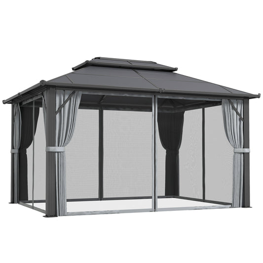 Outsunny 3 x 4m Hardtop Gazebo Canopy z UPF30+ Podwójny dach z poliwęglanu, aluminiowa rama, stały pawilon ogrodowy z moskitierą i zasłonami na patio, taras, szary