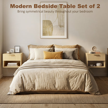 HOMCOM Floating Nightstands Set of 2, Modern Wall-Mounted Bedside Tables with Fluted Drawer and Open Shelf for Bedroom, Oak
