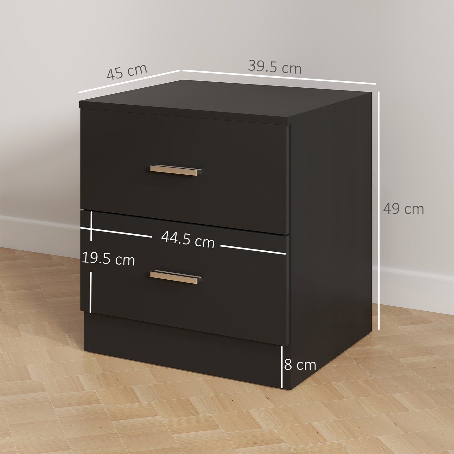 HOMCOM Modern Bedside Table, Beside Cabinet with 2 Drawers, for Bedroom, Living Room, Black