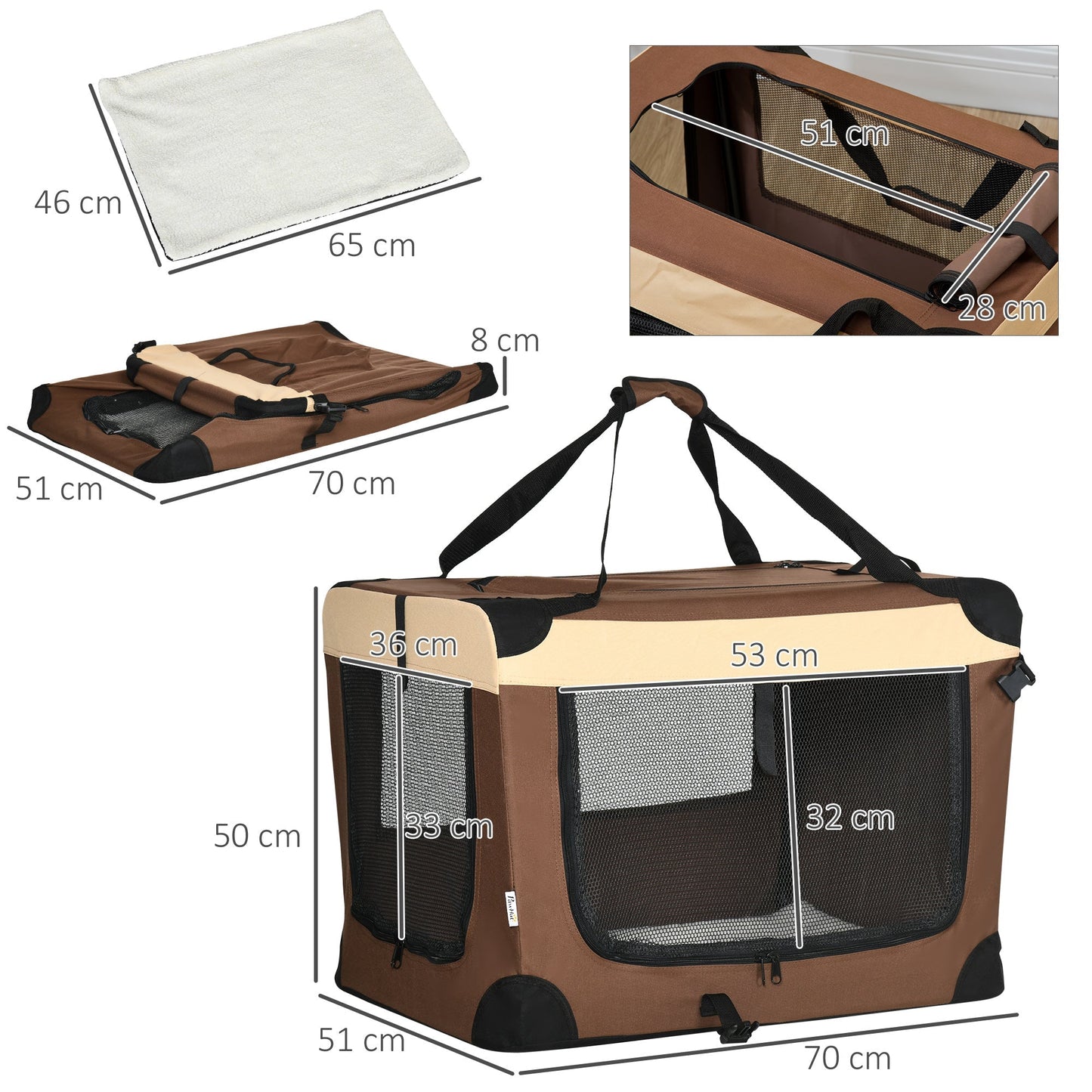 PawHut Pet Carrier، حقيبة كلب قابلة للطي للقطط مع وسادة، للكلاب والقطط الصغيرة، 50 × 70 × 51 سم، بني