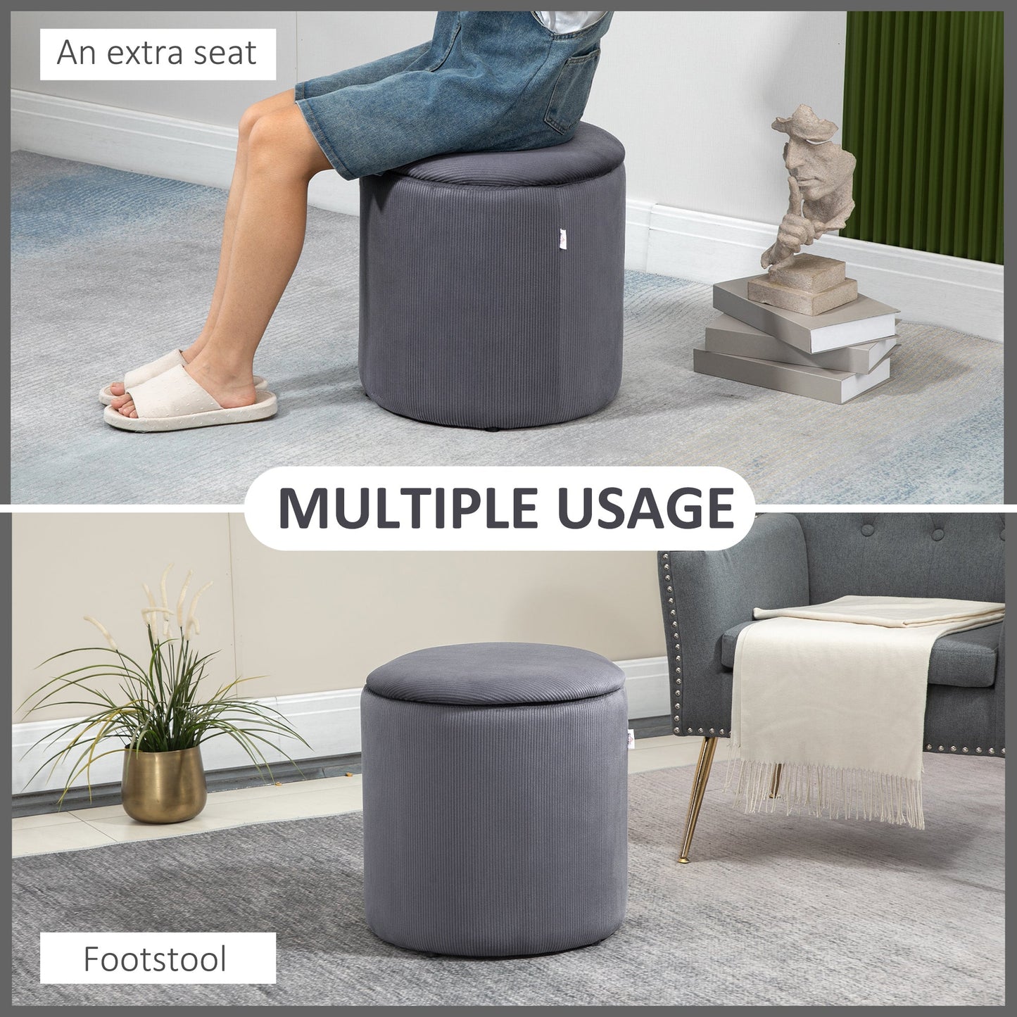 HOMCOM Modern Storage Ottoman مع غطاء قابل للإزالة، كرسي تخزين من القماش، كرسي قدم، كرسي طاولة الزينة، مجموعة من قطعتين، رمادي