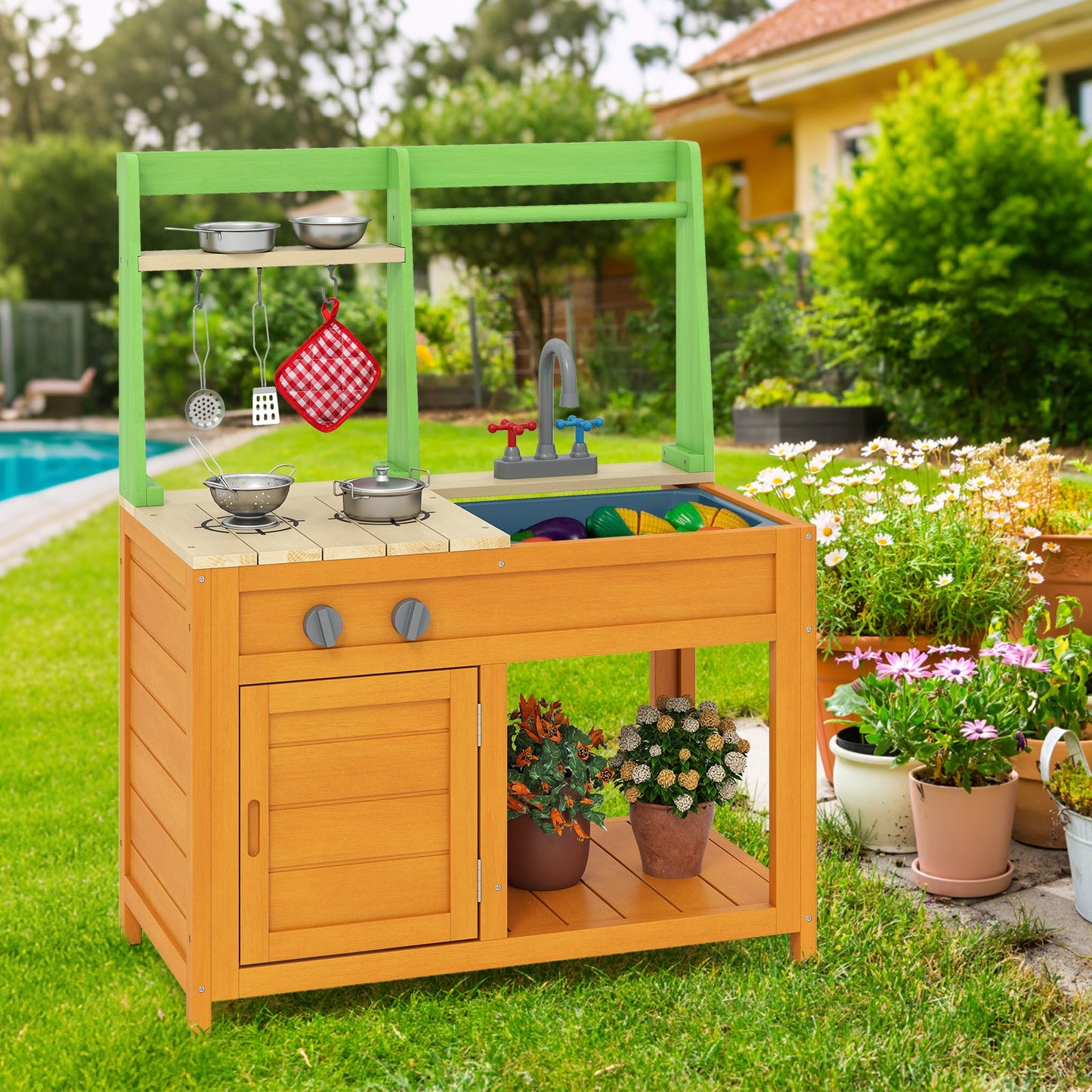 Outdoor Play Kitchen with Realistic Stoves and Cookware Accessories-Orange