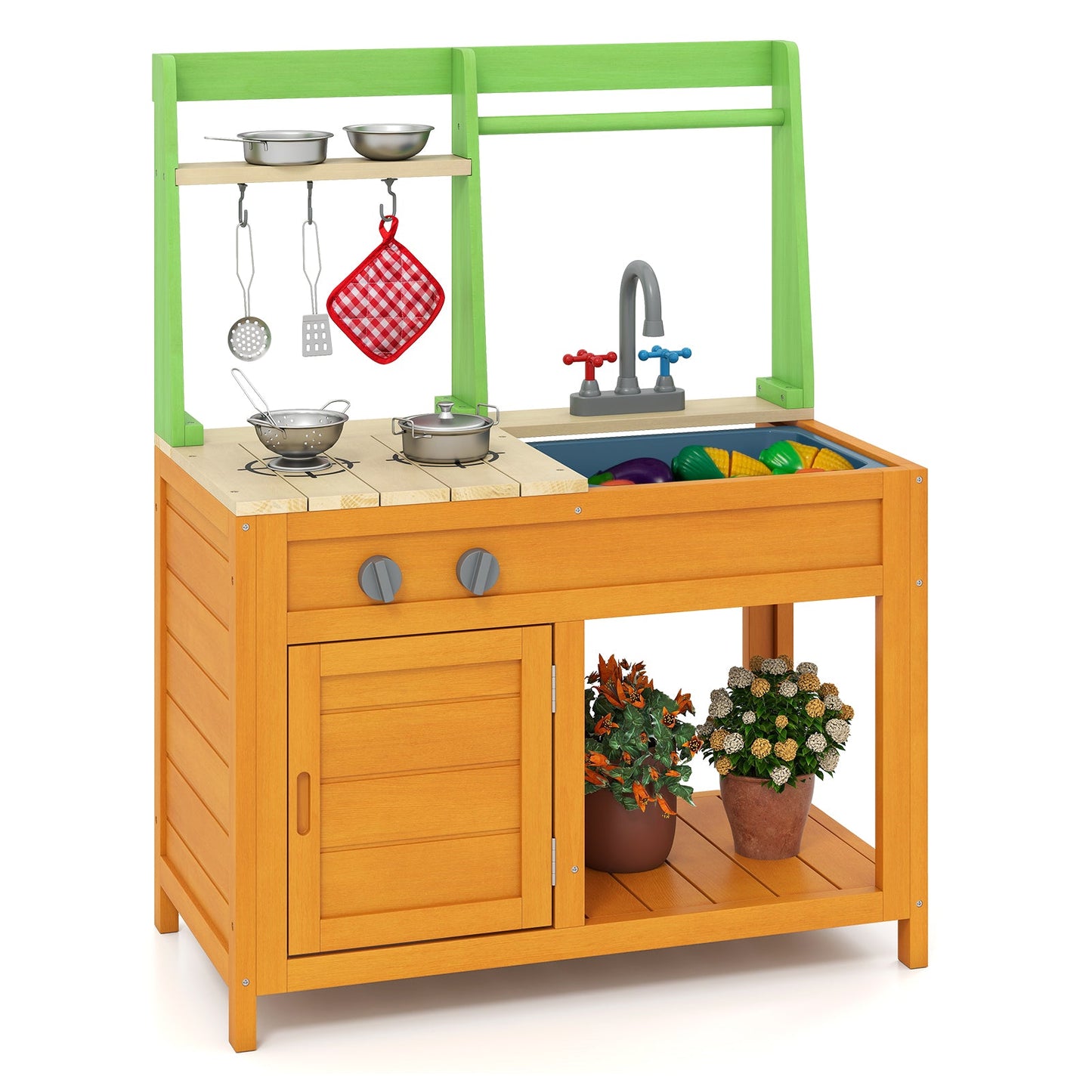 Outdoor Play Kitchen with Realistic Stoves and Cookware Accessories-Orange