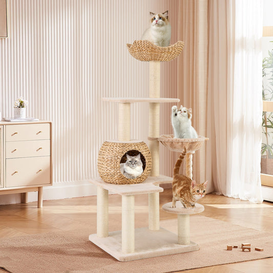 Multi-Level Cat Tree with Cattail Condo and Plush Perch-Beige