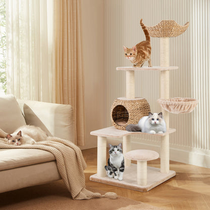 Multi-Level Cat Tree with Cattail Condo and Plush Perch-Beige