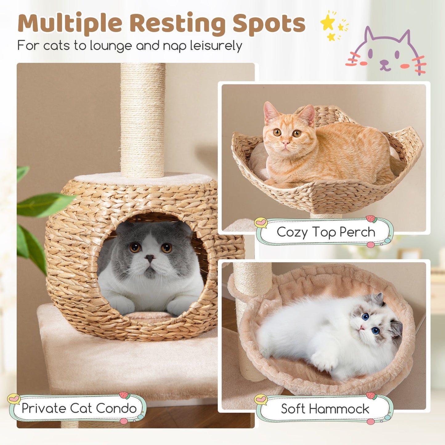 Multi-Level Cat Tree with Cattail Condo and Plush Perch-Beige