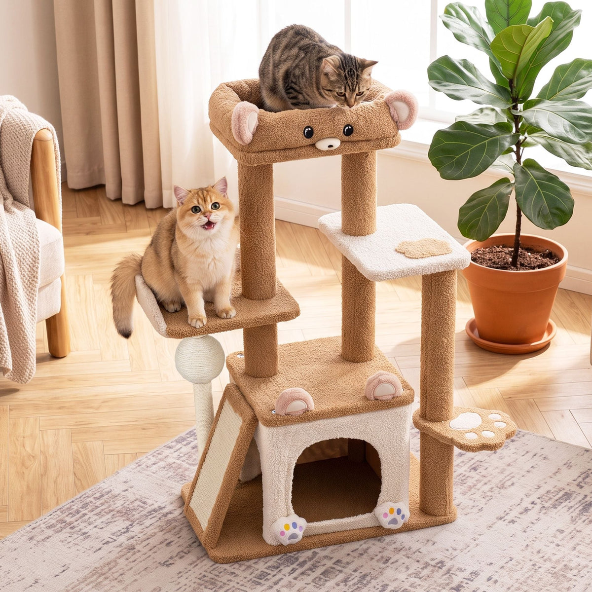 Multi-level Cat Tree with Sisal Scratching Posts Ball and Board for Indoor Kittens-Brown