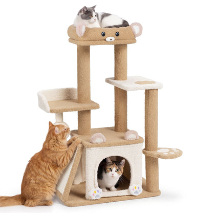 Multi-level Cat Tree with Sisal Scratching Posts Ball and Board for Indoor Kittens-Brown