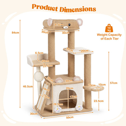 Multi-level Cat Tree with Sisal Scratching Posts Ball and Board for Indoor Kittens-Brown