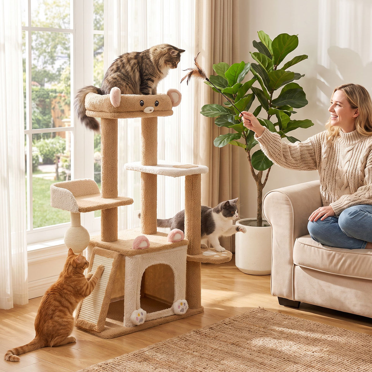 Multi-level Cat Tree with Sisal Scratching Posts Ball and Board for Indoor Kittens-Brown
