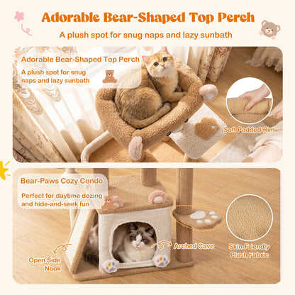 Multi-level Cat Tree with Sisal Scratching Posts Ball and Board for Indoor Kittens-Brown
