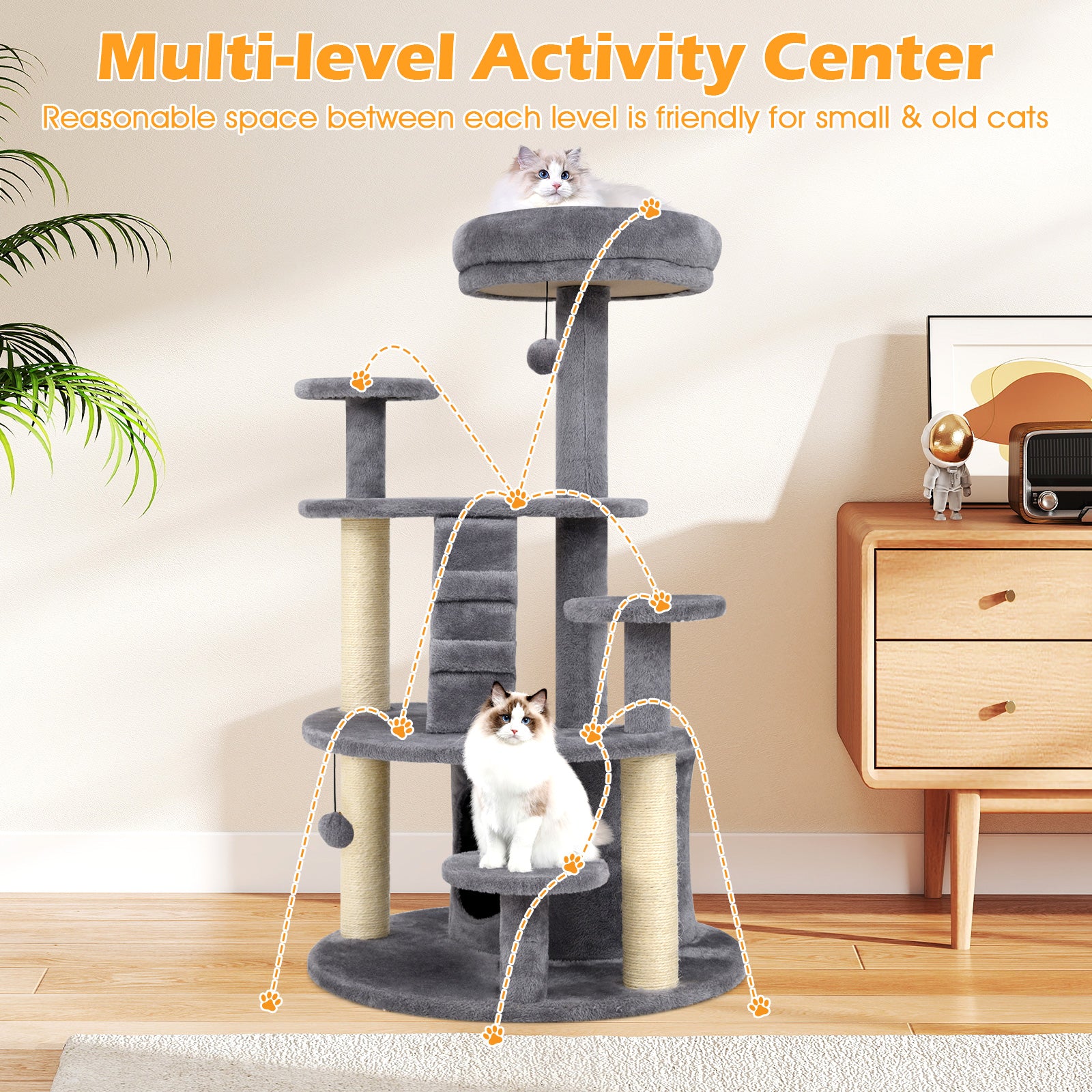 Multi-level Kitty Tower with Padded Perch and Scratching Posts-Grey