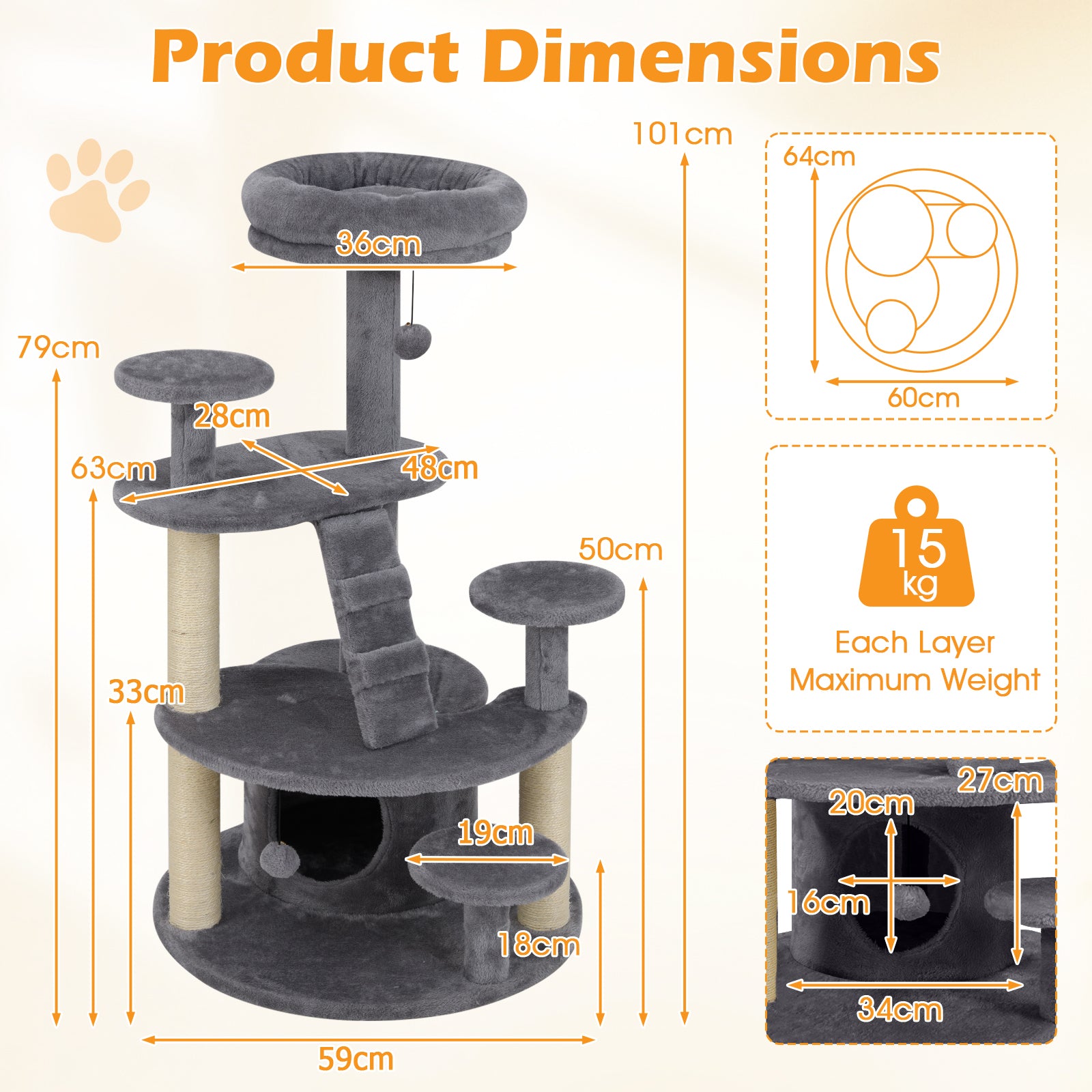 Multi-level Kitty Tower with Padded Perch and Scratching Posts-Grey