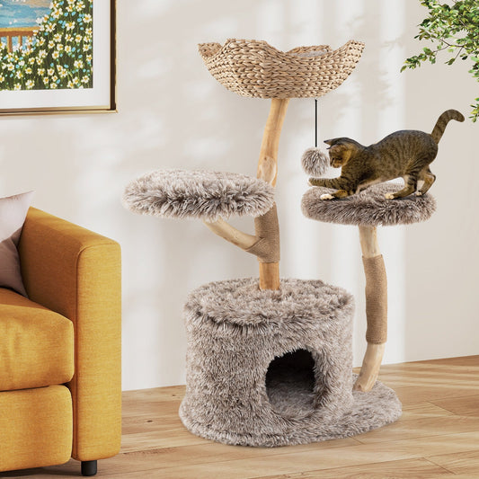 Multi-level Wood Cat Tree Tower Kitten Activity Center with Solid Trunk-Brown