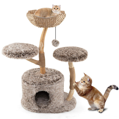 Multi-level Wood Cat Tree Tower Kitten Activity Center with Solid Trunk-Brown