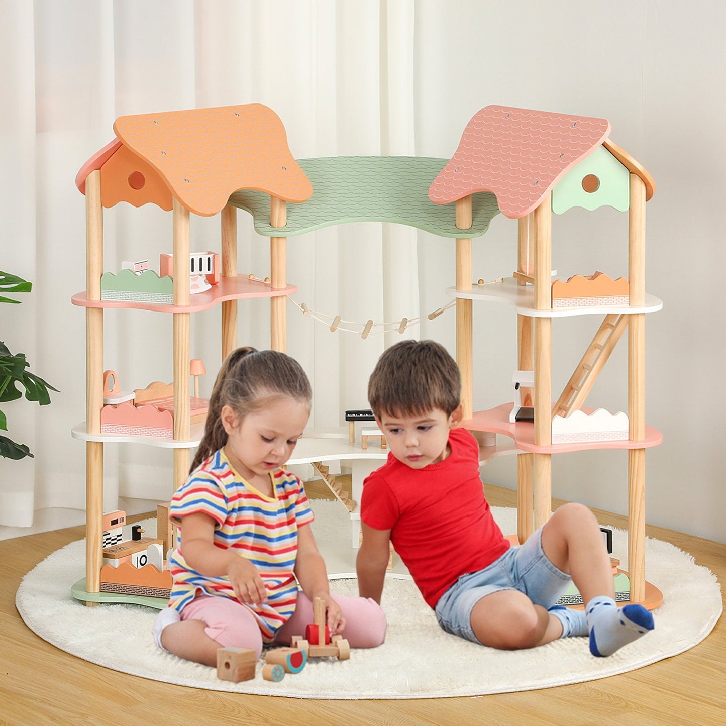 Multi-Layer Wooden Dollhouse Versatile Kids Playhouse Toy with 7-Room-Colourful