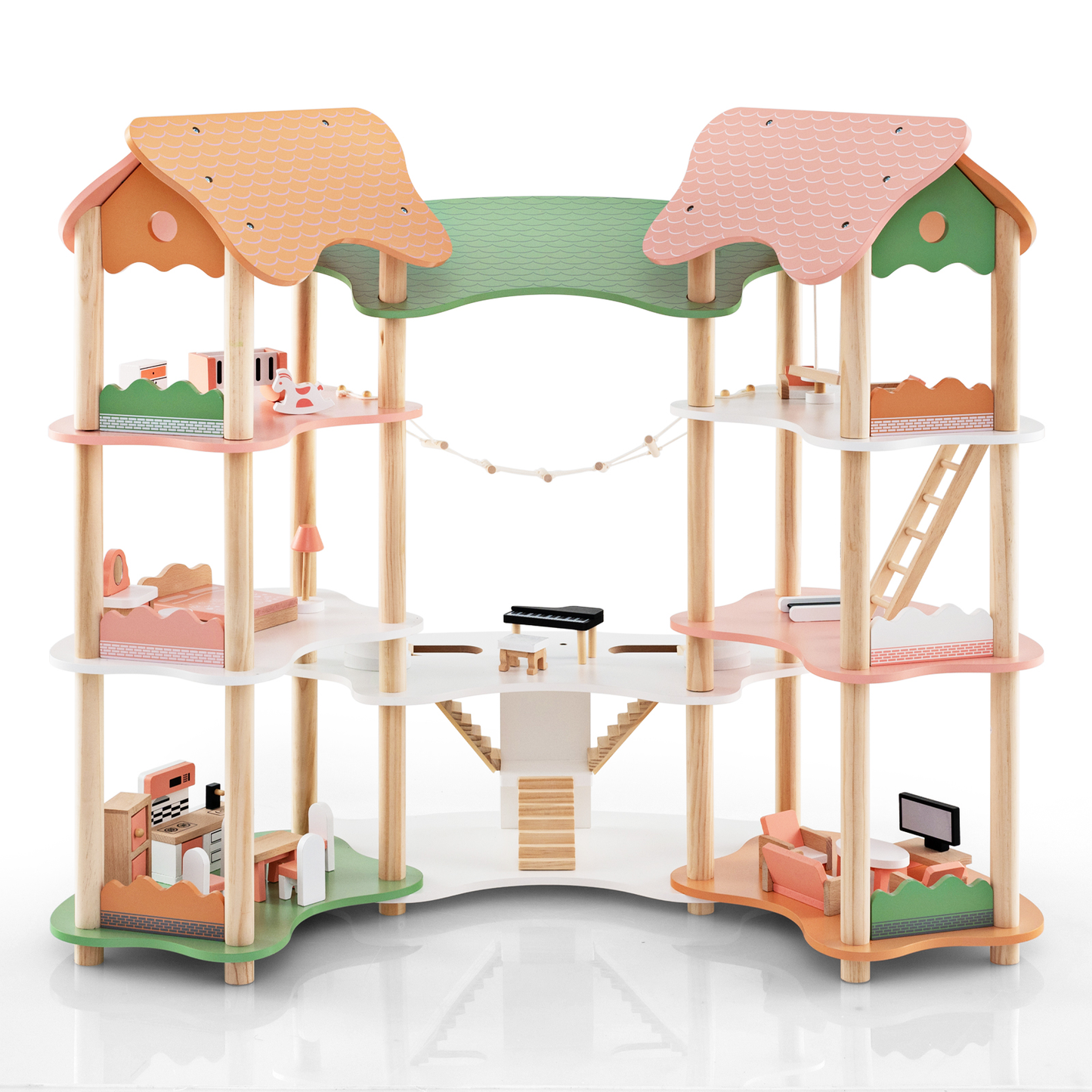 Multi-Layer Wooden Dollhouse Versatile Kids Playhouse Toy with 7-Room-Colourful