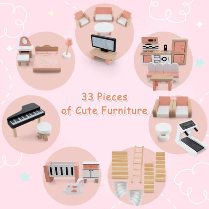 Multi-Layer Wooden Dollhouse Versatile Kids Playhouse Toy with 7-Room-Colourful