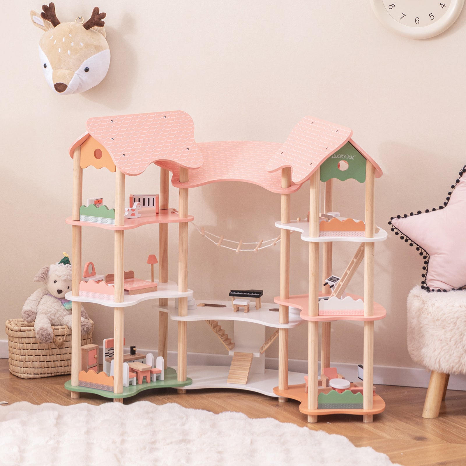 Multi-Layer Wooden Dollhouse Versatile Kids Playhouse Toy with 7-Room-Pink