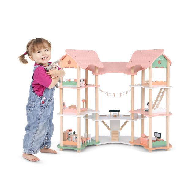 Multi-Layer Wooden Dollhouse Versatile Kids Playhouse Toy with 7-Room-Pink