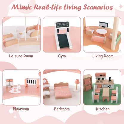 Multi-Layer Wooden Dollhouse Versatile Kids Playhouse Toy with 7-Room-Pink
