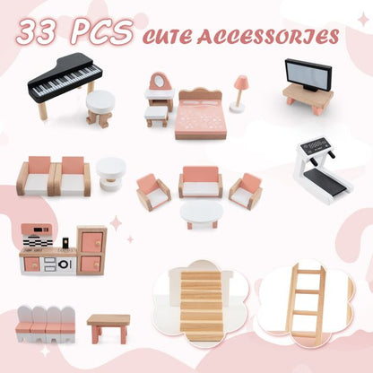 Multi-Layer Wooden Dollhouse Versatile Kids Playhouse Toy with 7-Room-Pink