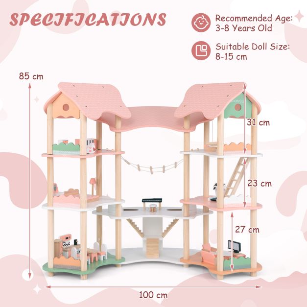 Multi-Layer Wooden Dollhouse Versatile Kids Playhouse Toy with 7-Room-Pink