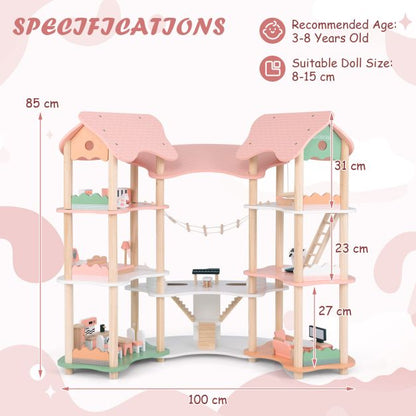 Multi-Layer Wooden Dollhouse Versatile Kids Playhouse Toy with 7-Room-Pink