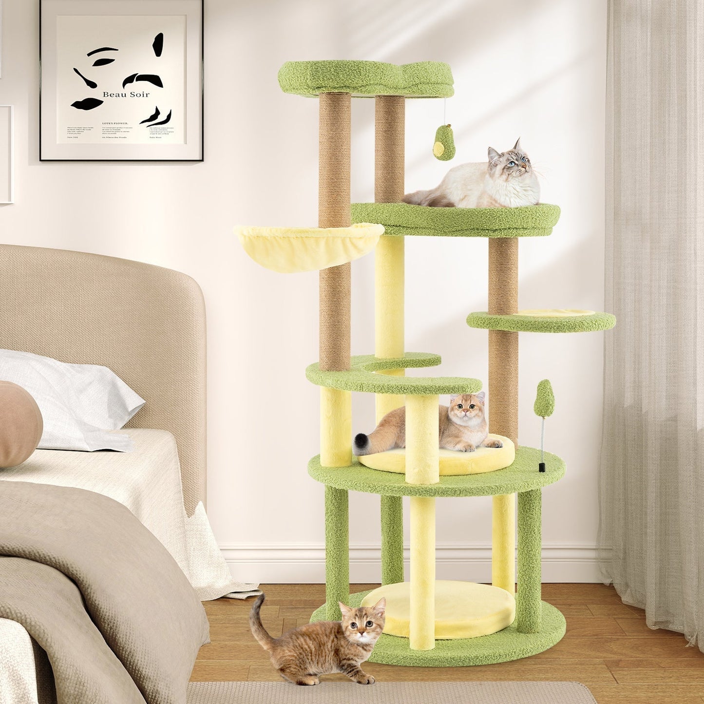 Multi-level Cat Tree with Wide Perch and Rotatable Basket-Green