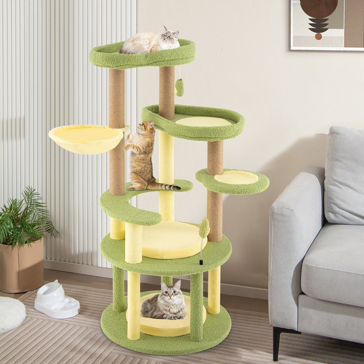 Multi-level Cat Tree with Wide Perch and Rotatable Basket-Green