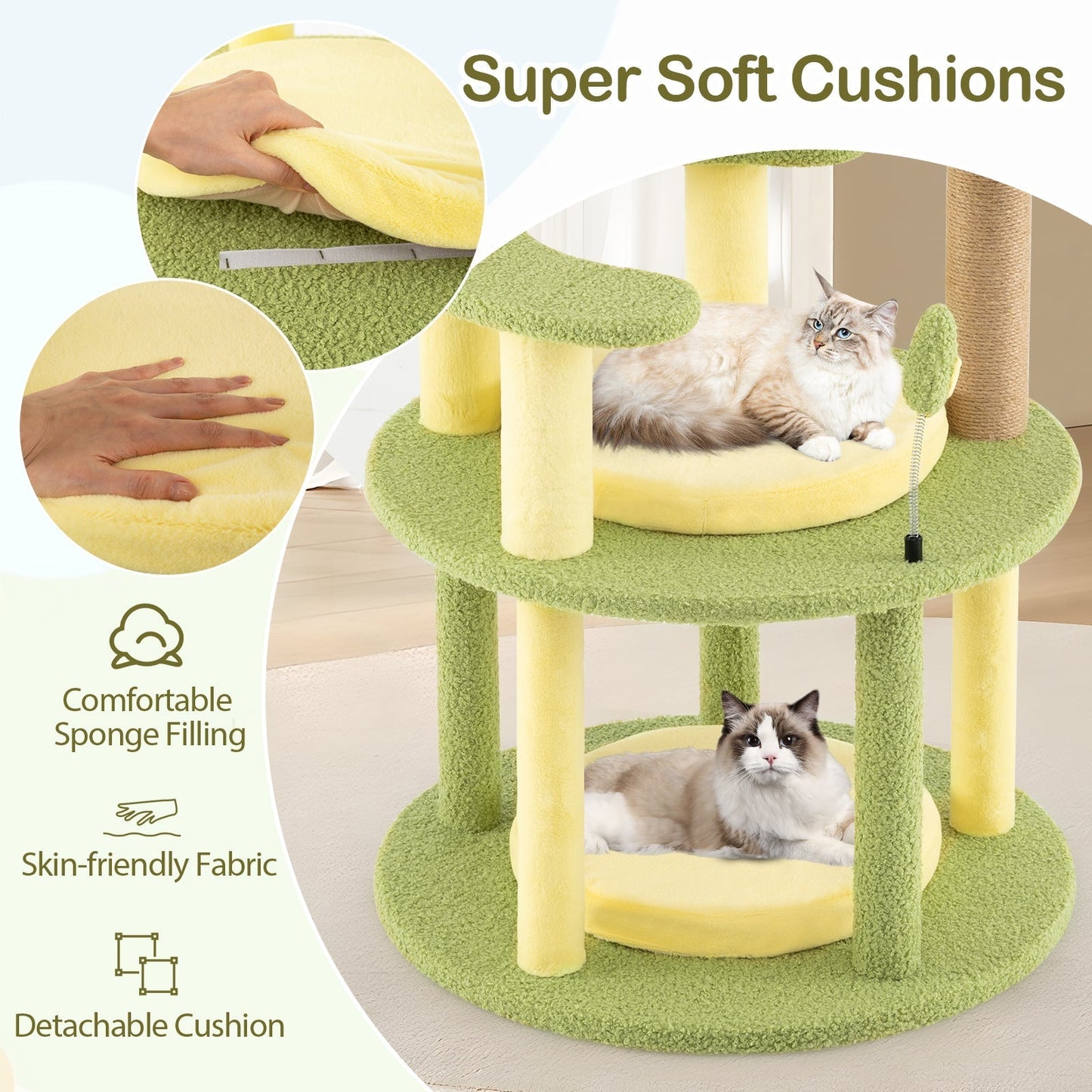 Multi-level Cat Tree with Wide Perch and Rotatable Basket-Green