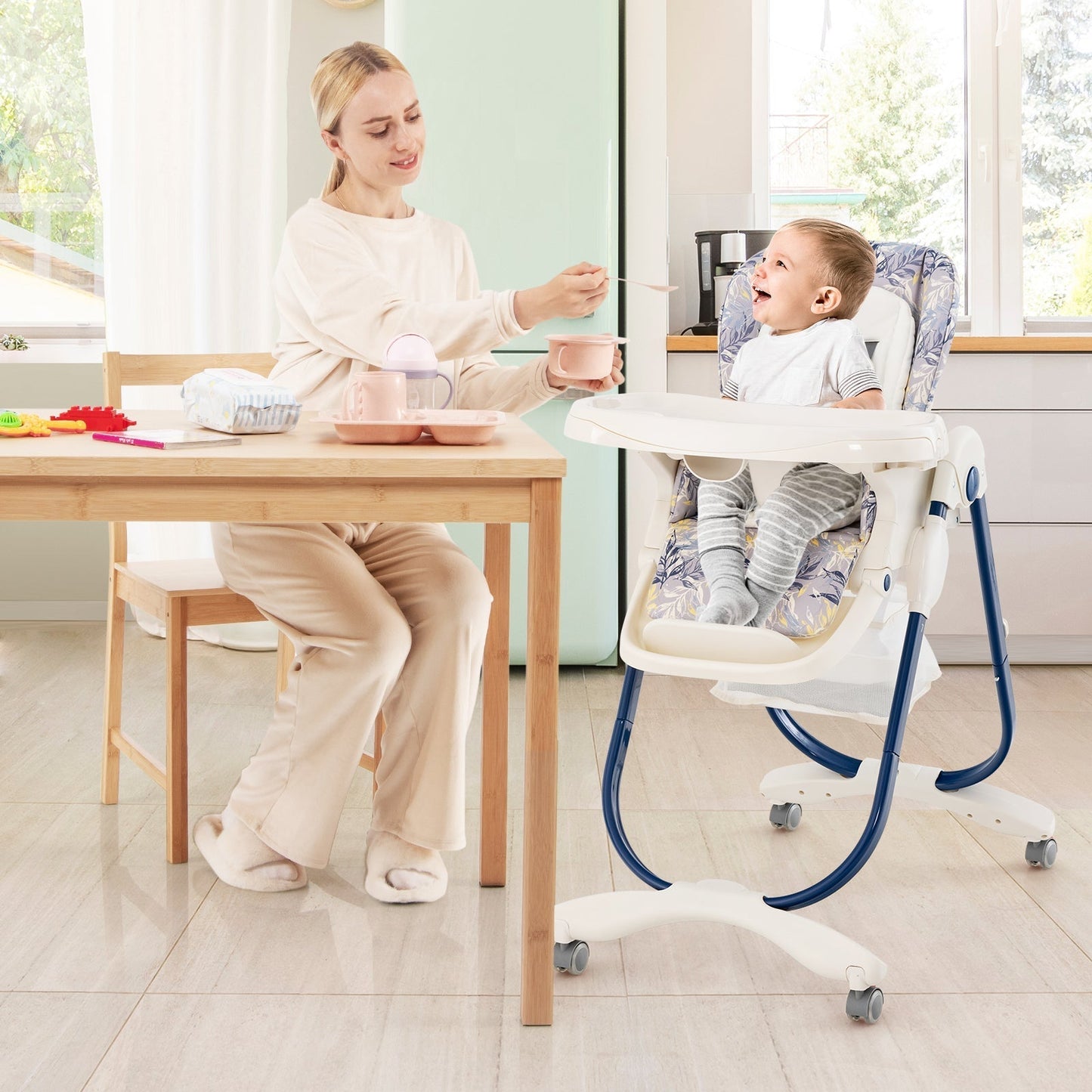 Multifunctional Folding Baby High Chair with Rolling Wheels-Navy