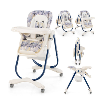 Multifunctional Folding Baby High Chair with Rolling Wheels-Navy