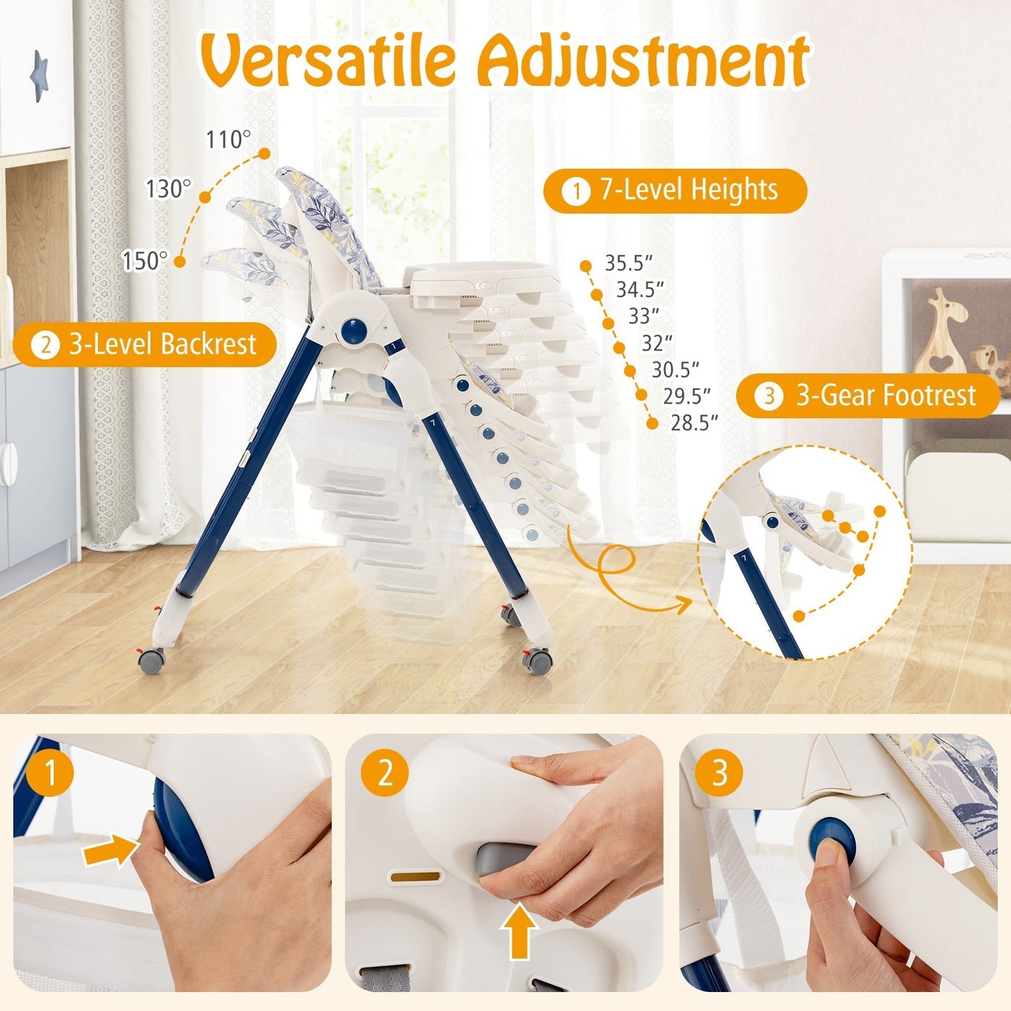 Multifunctional Folding Baby High Chair with Rolling Wheels-Navy