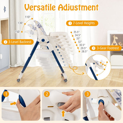 Multifunctional Folding Baby High Chair with Rolling Wheels-Navy