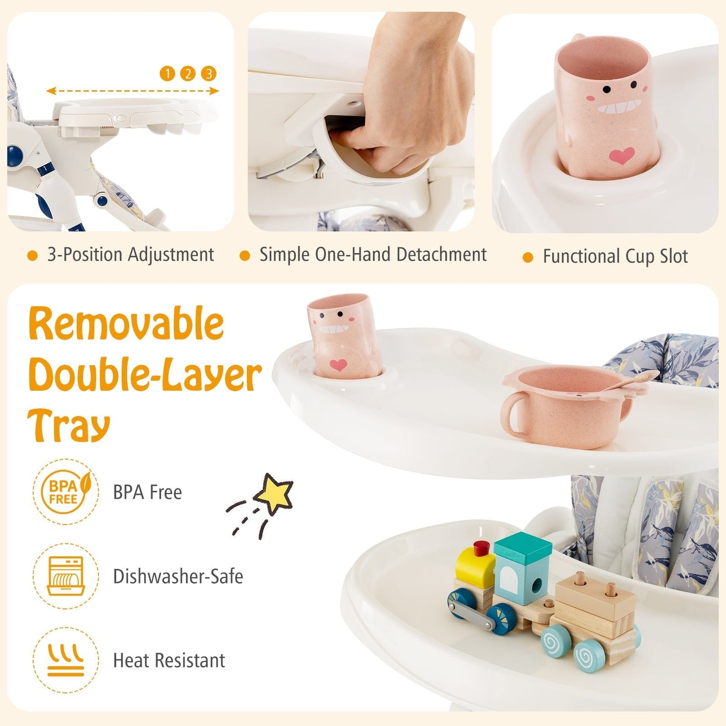 Multifunctional Folding Baby High Chair with Rolling Wheels-Navy