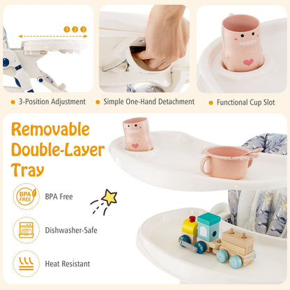 Multifunctional Folding Baby High Chair with Rolling Wheels-Navy