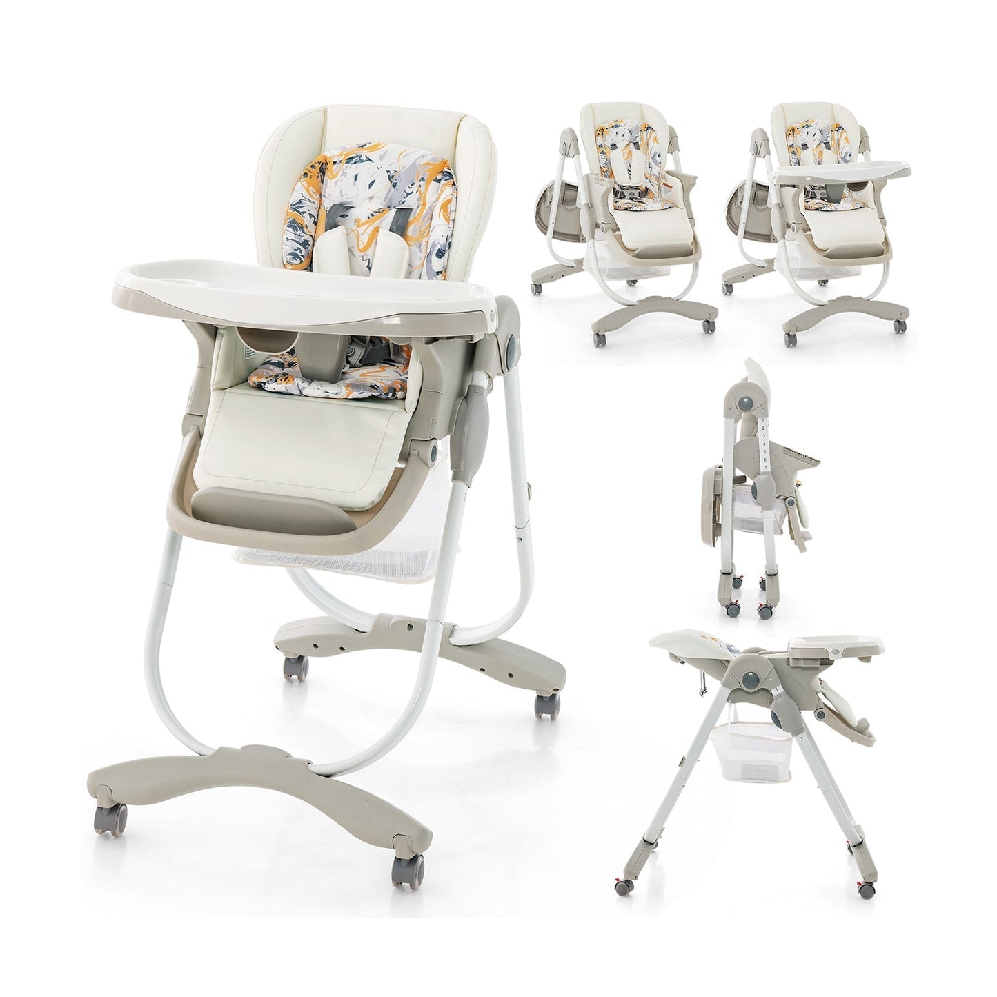 Multifunctional Folding Baby High Chair with Rolling Wheels-White