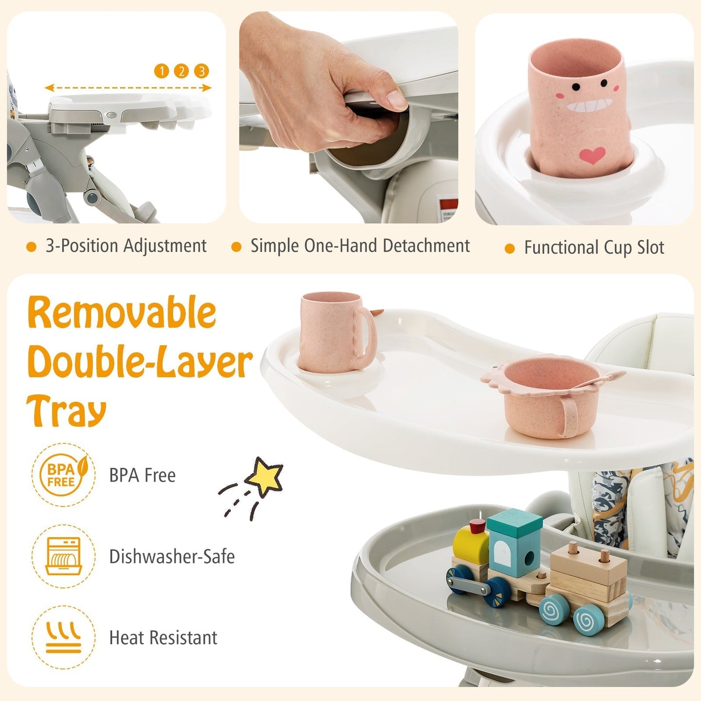 Multifunctional Folding Baby High Chair with Rolling Wheels-White